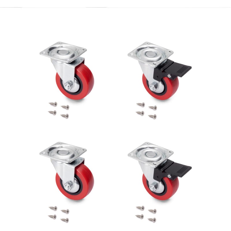 foto del prodotto emuca lotto di 4 ruote slip 2 red con piastra di montaggio, diametro 50 mm, acciaio e tecnoplastica