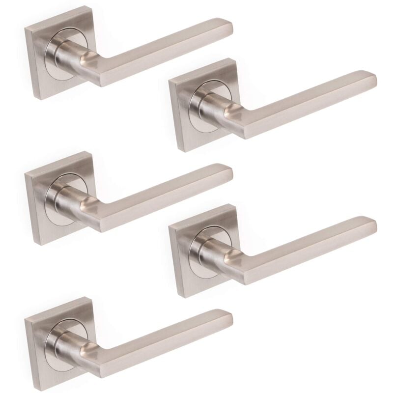 foto del prodotto emuca maniglie porta interna, set di 5 coppie di maniglie per porta da interno con rosetta 50x50 mm, alluminio e zama, nickel satinato.