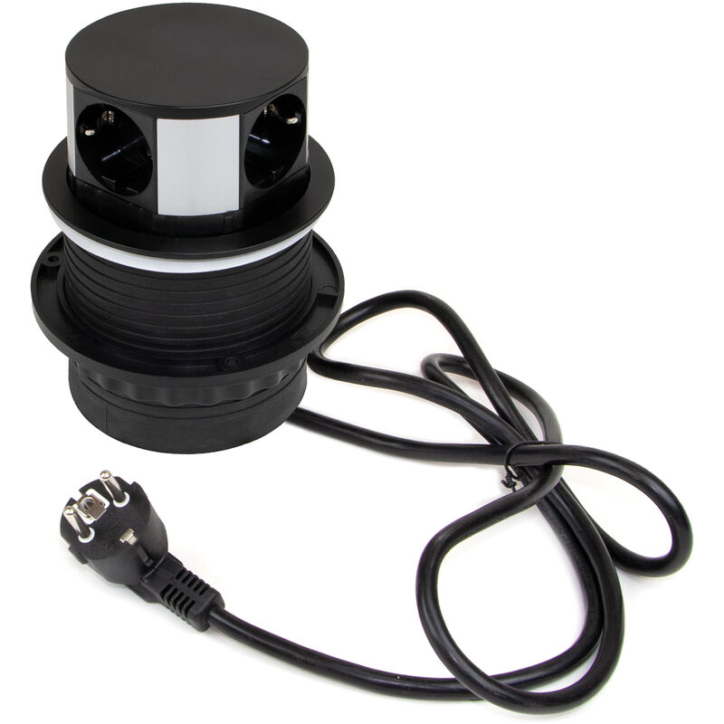 foto del prodotto emuca multiconnettore vertikal push diametro 100mm, 3 spine di tipo schuko, 1 usb tipo a, 1 usb tipo c, acciaio e tecnoplastica, verniciato nero
