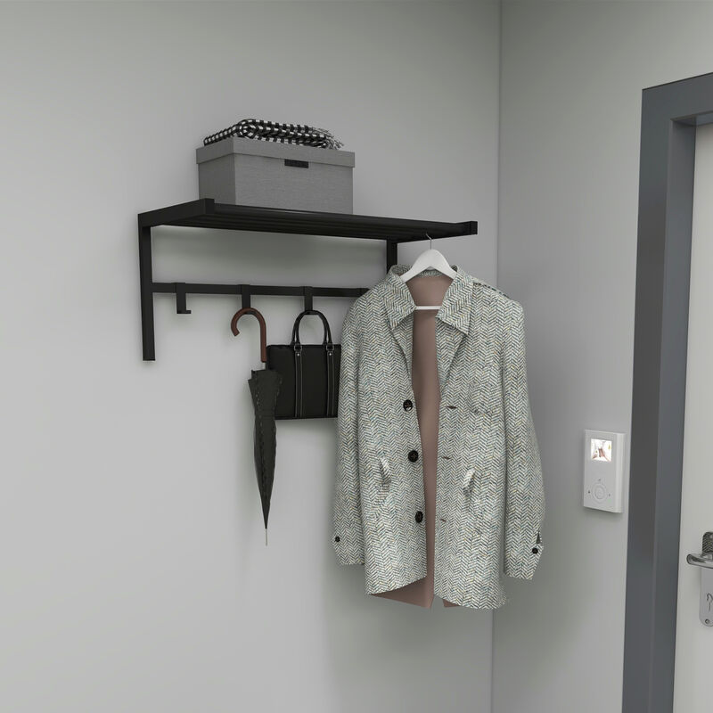 foto del prodotto en.casa - appendiabiti a parete 'tolga' con ripiano a rete e 4 ganci - struttura in metallo - nero