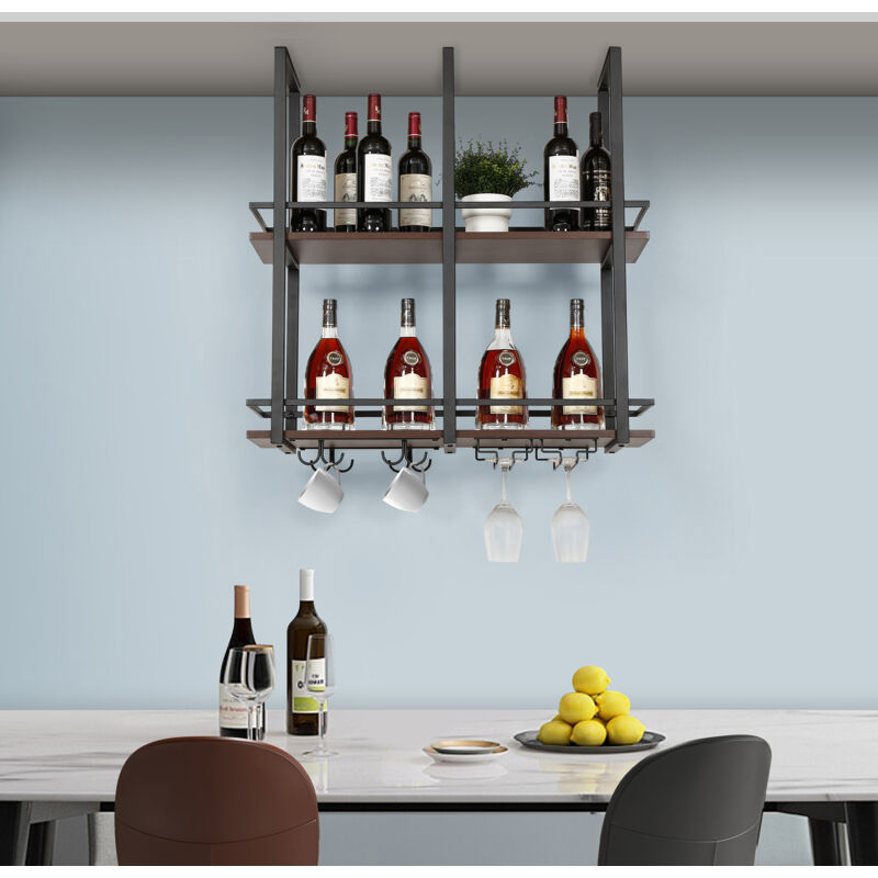 foto del prodotto en.casa - portabottiglie sospeso da soffitto hubro con binari per calici e ganci per tazze 80x30x85 cm nero/effetto noce