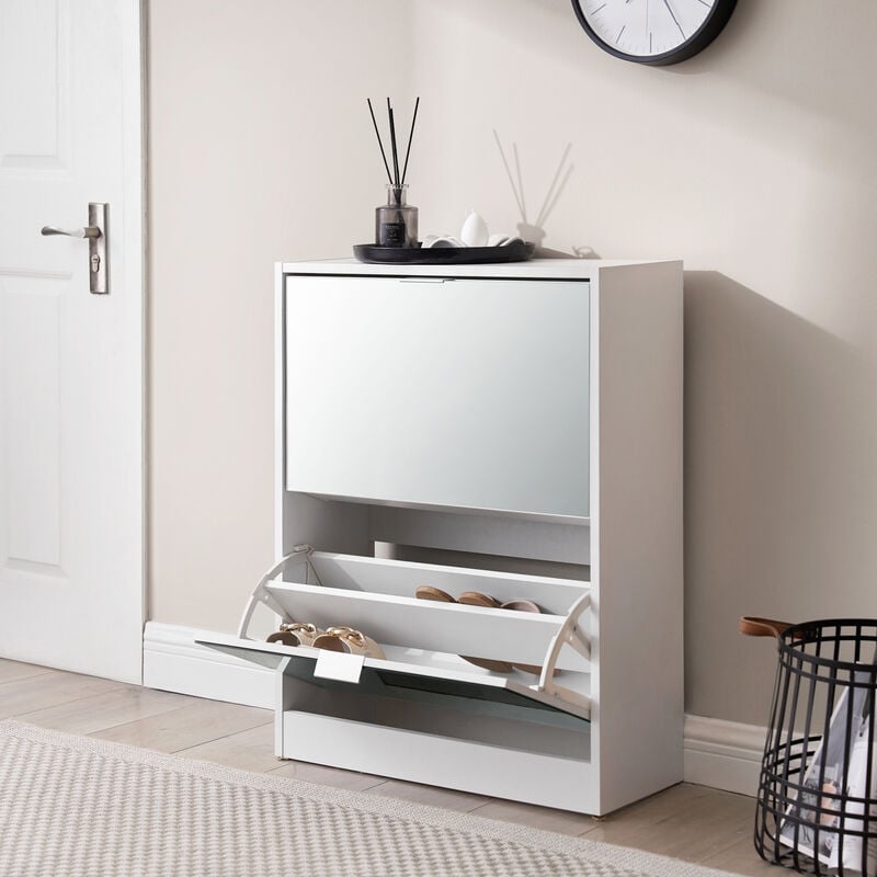 foto del prodotto en.casa - scarpiera salvaspazio krager con 2 contenitori ribaltabili ante a specchio - bianco