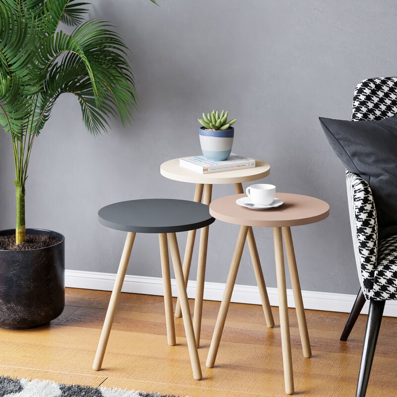 foto del prodotto en.casa - set di 3 tavolini bassi da salotto 'hj rring' in altezze diverse con piani rotondi e treppiede in faggio - grigio bianco rosa