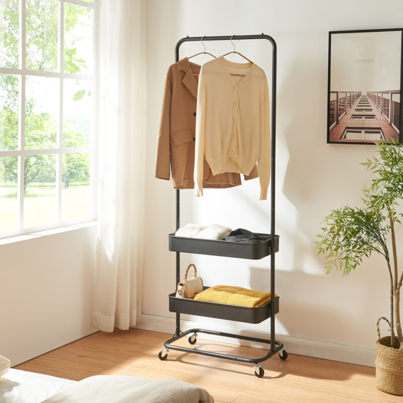 foto del prodotto en.casa - stand appendiabiti a rotelle kumad con 2 ceste portaoggetti - nero