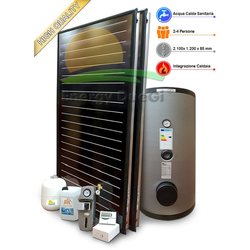foto del prodotto energy duegi - kit impianto solare termico a pannelli piani con integrazione per produzione acqua calda sanitaria, 2-4 persone, bollitore 300 litri