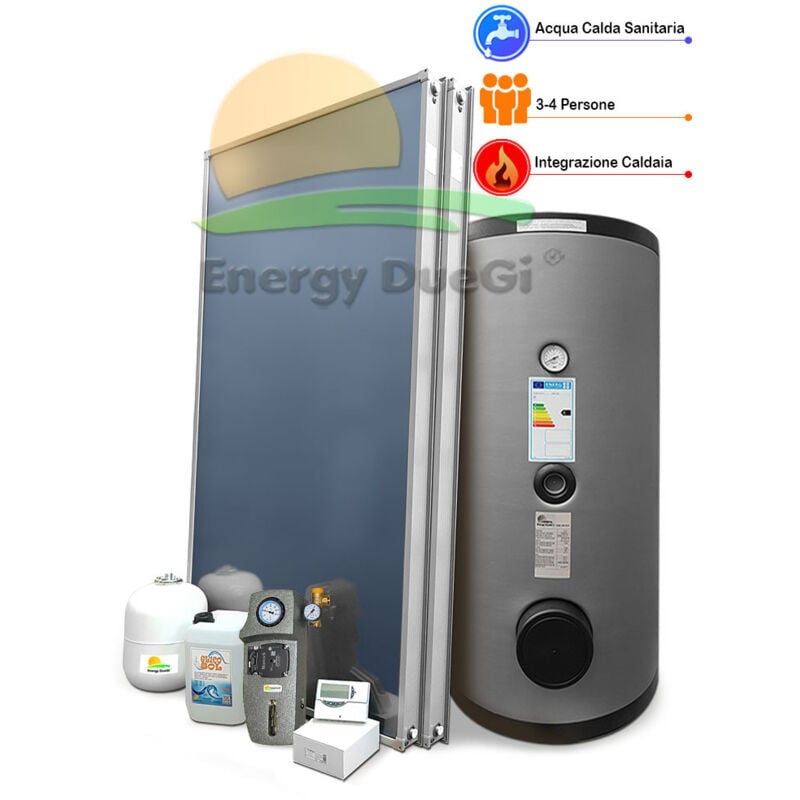 foto del prodotto energy duegi kit impianto solare termico a pannelli piani con integrazione per produzione acqua calda sanitaria, 4 persone, bollitore 300 litri