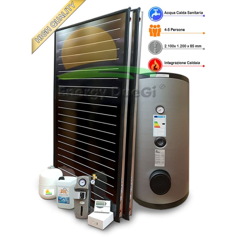 foto del prodotto energy duegi - kit impianto solare termico ad elevate prestazioni con integrazione per produzione acqua calda sanitaria, 4-5 persone, bollitore 400