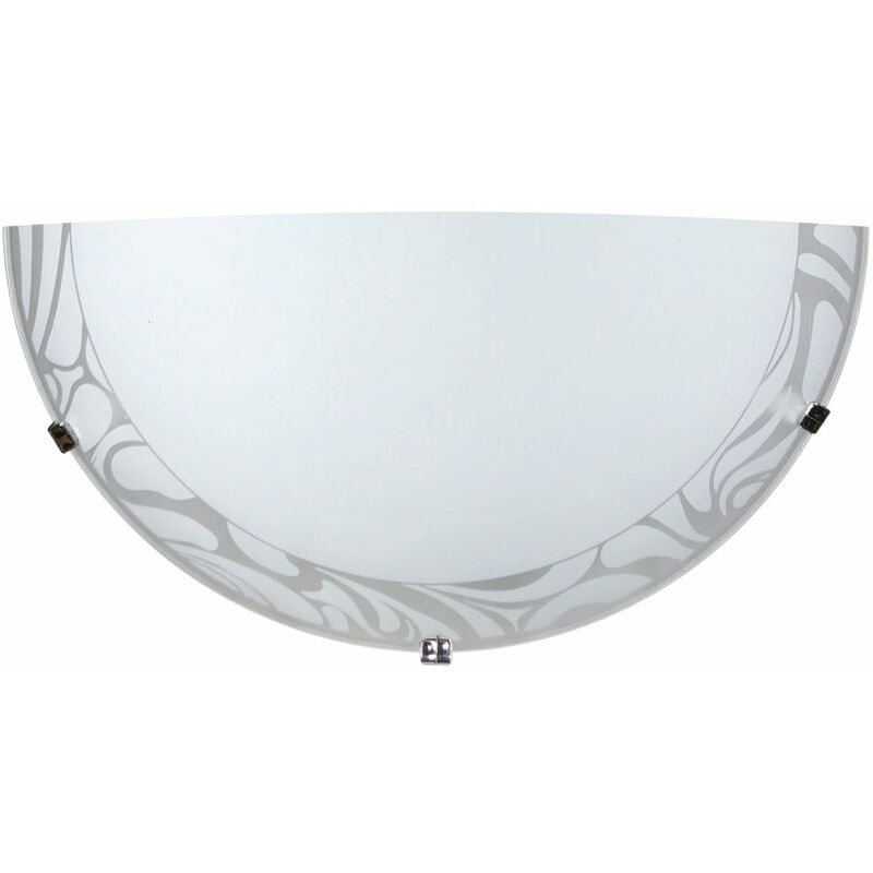 foto del prodotto energy elegante applique cromo con vetro decorato e lastra bianco, dotata di ganci per l installazione, adatta a contenere una lampadina e27.