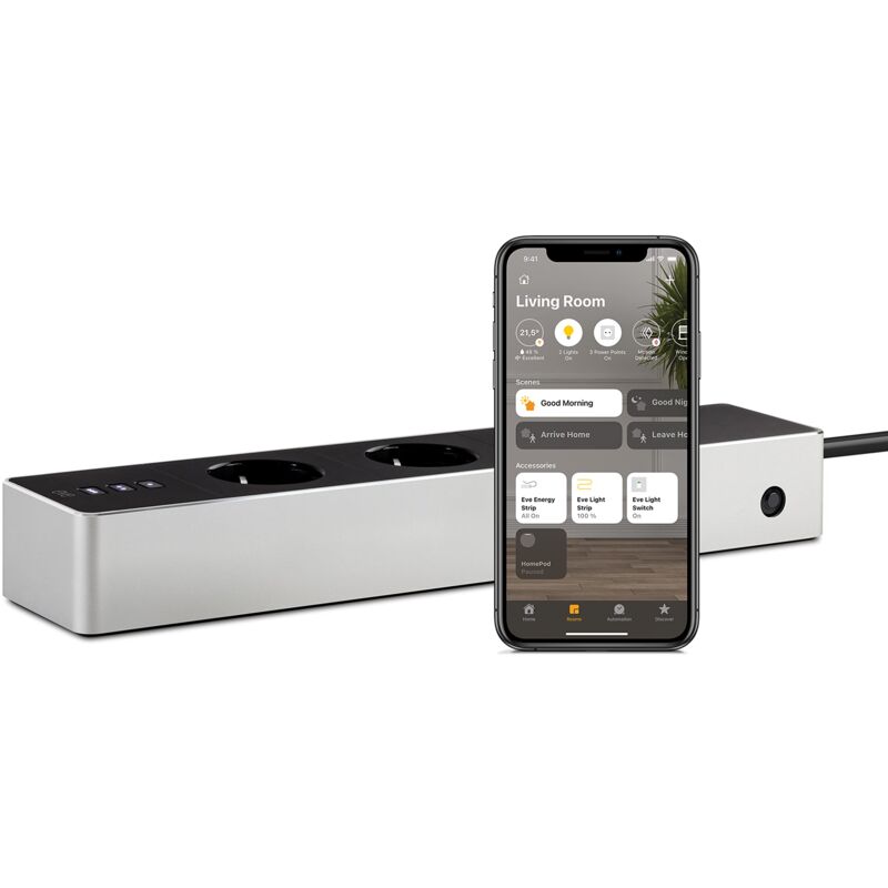 foto del prodotto energy strip presa tripla intelligente e misuratore di energia con protezione da sovratensione e sovracorrente e tecnologia apple homekit eve
