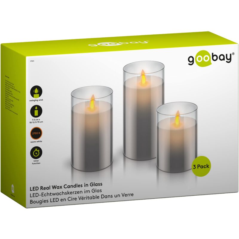 foto del prodotto eneroid goobay 57865 set di 3 candele a led in vera cera grigio con funzione timer, luce bianca calda, fiamma mobile, 10, 12,5 e 15 cm,