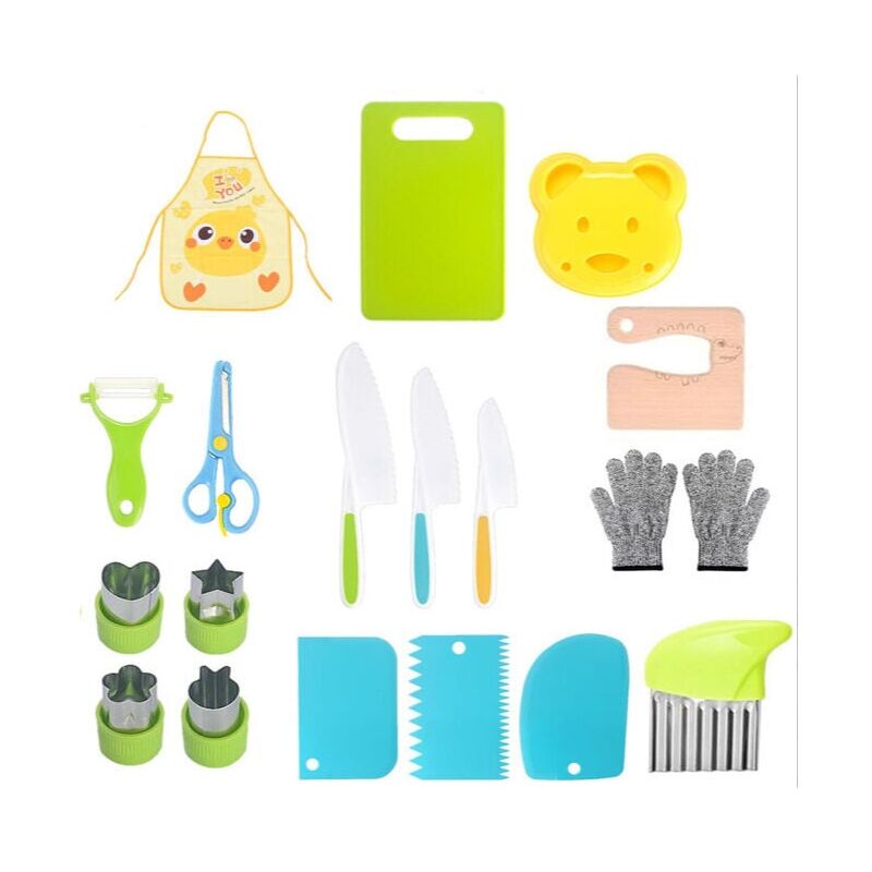 foto del prodotto ensemble de 19 couteaux de cuisine pour enfants, ensemble de couteaux de s curit pour couper des fruits ou des l gumes, couteaux dentel s, planches