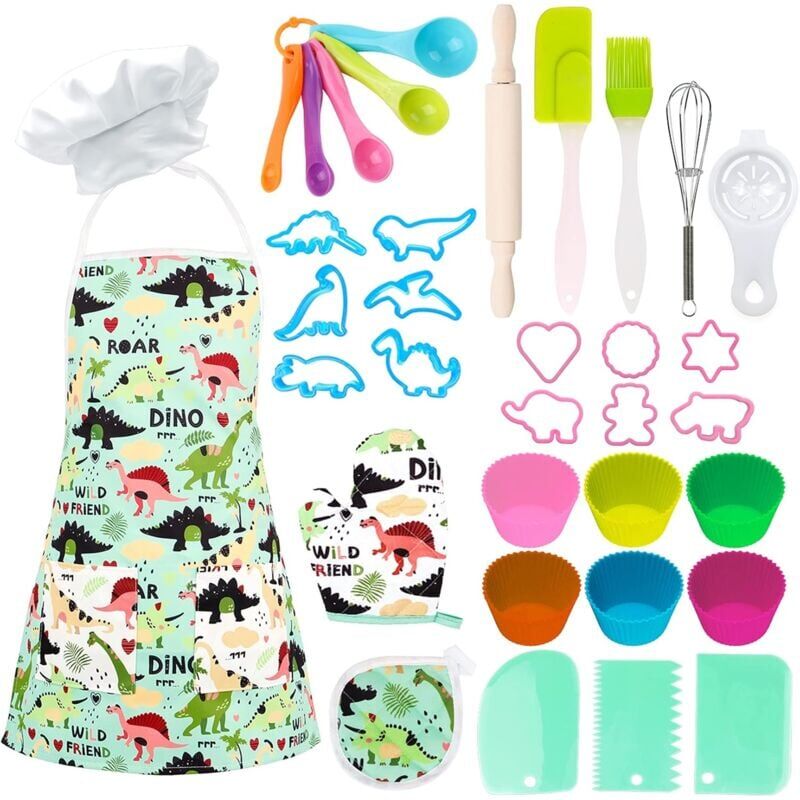 foto del prodotto ensemble de chef pour enfants 35 pi ces, kit de cuisine ensemble de cuisine et de p tisserie pour enfants, tablier de dinosaure, gants, fouet, jouet