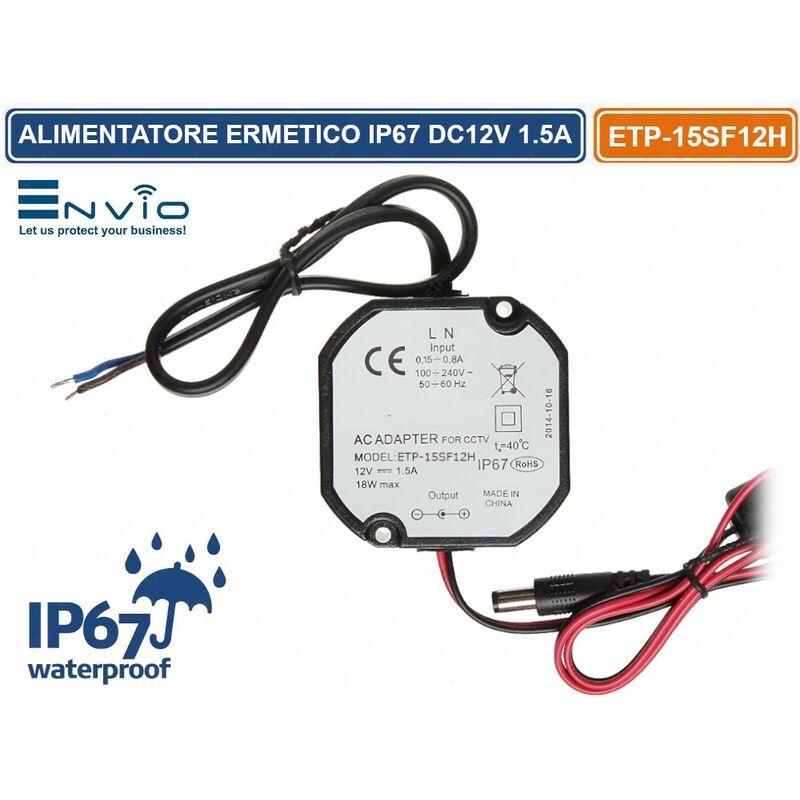 foto del prodotto envio alimentatore ermetico a commutazione switching da esterno ip67 12v 1.5a per illuminazione e tvcc