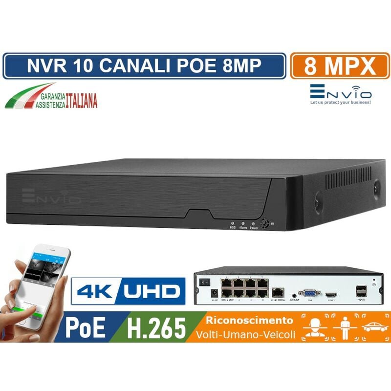 foto del prodotto envio nvr 10 canali 8 canali poe 2 ip 8 megapixel 4k ultra hd onvif linux system p2p cloud videosorveglianza con videoanalisi con riconoscimento