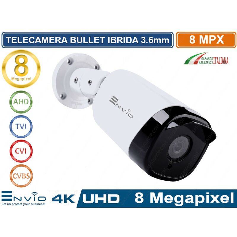 foto del prodotto envio telecamera bullet ibrida 4in1 ahd tvi cvi cvbs 3.6mm 8mp ultra hd 4k ip66 visione notturna 30 metri osd