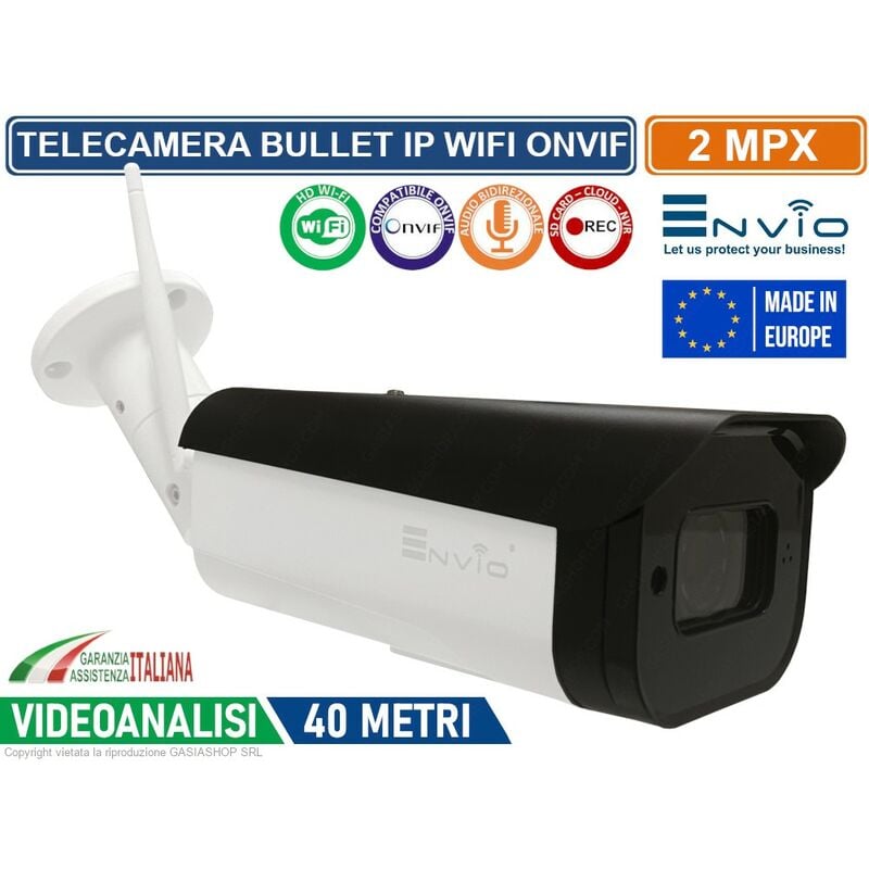 foto del prodotto envio telecamera bullet ip wifi 2mp full hd 1080p videoanalisi e human detect registra su sd card audio bidirezionale ip66 40 metri