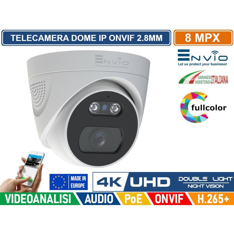 foto del prodotto envio telecamera dome ip double light 8m poe onvif h.265 visione notturna a colori bianco e nero a colori su allarme 20 metri analisi video