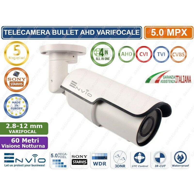 foto del prodotto envio telecamera ibrida 4in1 ahd tvi cvi cvbs varifocale 2,8 12mm 5mp sony starvis imx335 ip66 visione notturna 60 metri