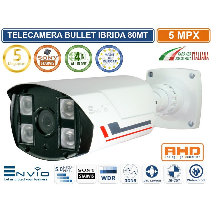 foto del prodotto envio telecamera ibrida bullet 4in1 ahd cvi tvi cvbs 4mm 5mp visione notturna 80 metri ip66