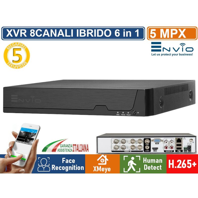 foto del prodotto envio xvr dvr 6in1 ahd cvi tvi cvbs xvi ip 8ch canali 5 mp utc human detect face recognition cloud p2p xmeye capacit hard disk nessun hard disk