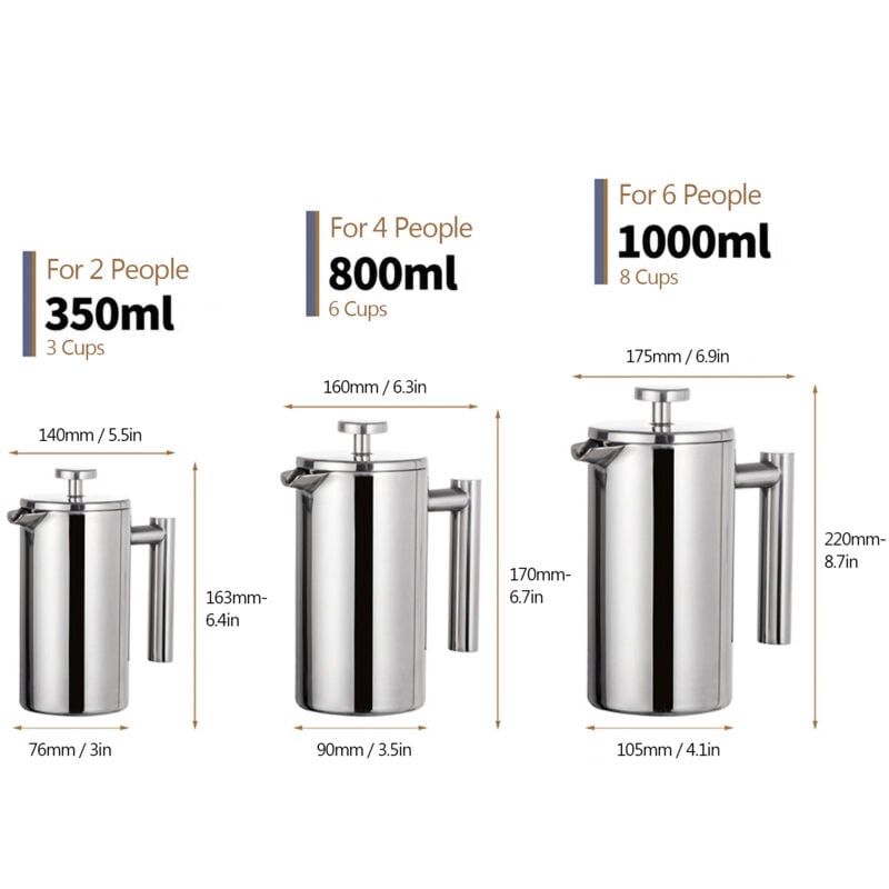 foto del prodotto eosnow 350 ml 800 ml 1000 ml pressa francese caffettiere in acciaio inossidabile inossidabile