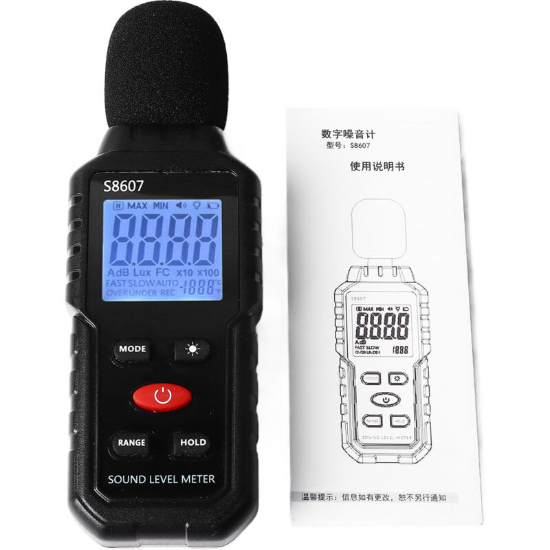 foto del prodotto eosnow fonometro display lcd digitale schermo retroilluminato decibel di rumore misuratore spl portatile s8607