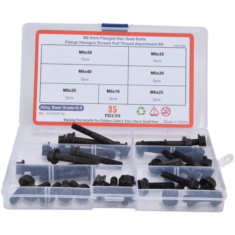 foto del prodotto eosnow kit di assortimento di bulloni esagonali in acciaio al carbonio da 35 pezzi m6 a 10,9 livelli, nero per il collegamento