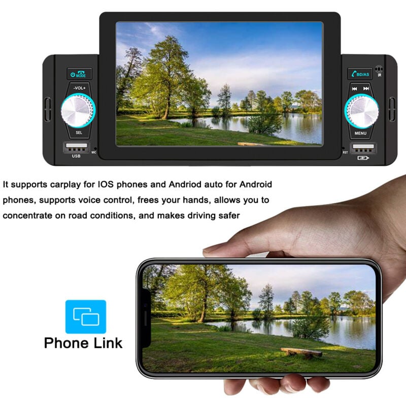 foto del prodotto eosnow player stereo auto da 5 pollici mp5 player bt fm receviore radio con carplay android auto supporto a mani libere a manifesta