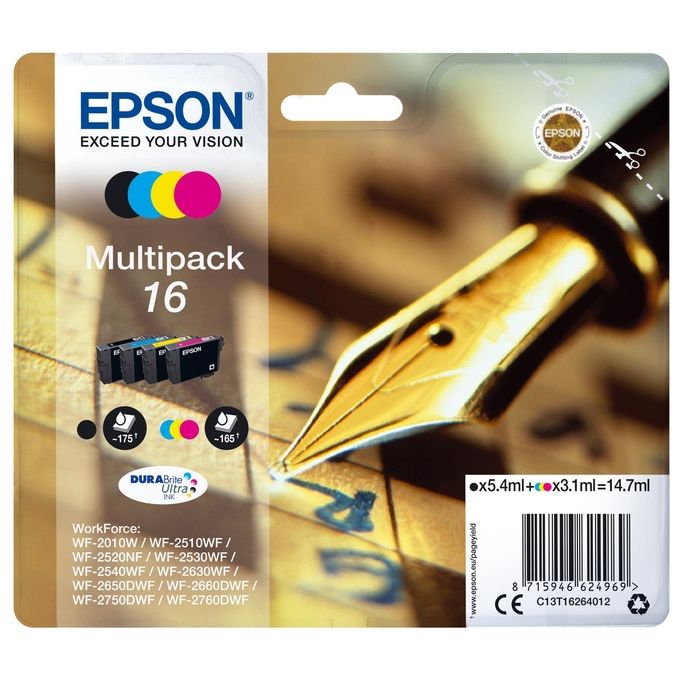 foto del prodotto epson 16 serie penna, cartuccia originale getto d'inchiostro durabrite ultra, formato standard, multipack 4 colori