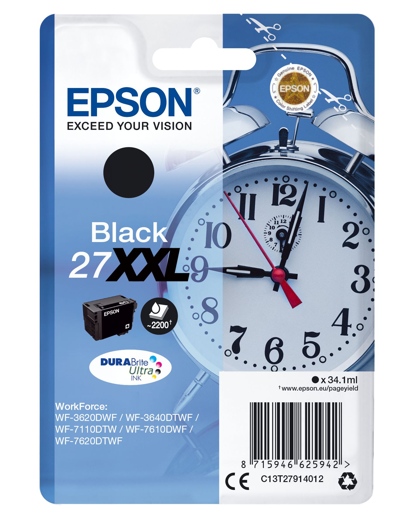 foto del prodotto epson cartuccia sveglia nero inchiostri durabrite ultra 27xxl