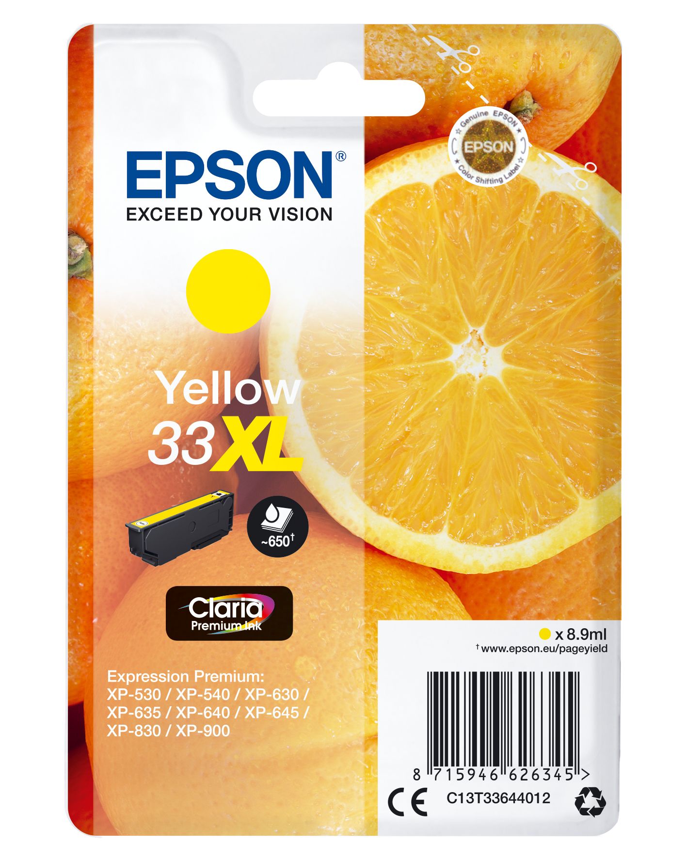 foto del prodotto epson oranges cartuccia giallo t33xl claria premium