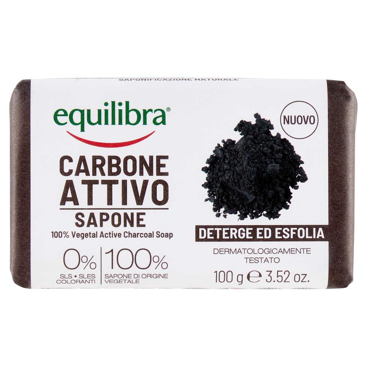 foto del prodotto equilibra carbone attivo sapone 100 vegetale viso e corpo 100g