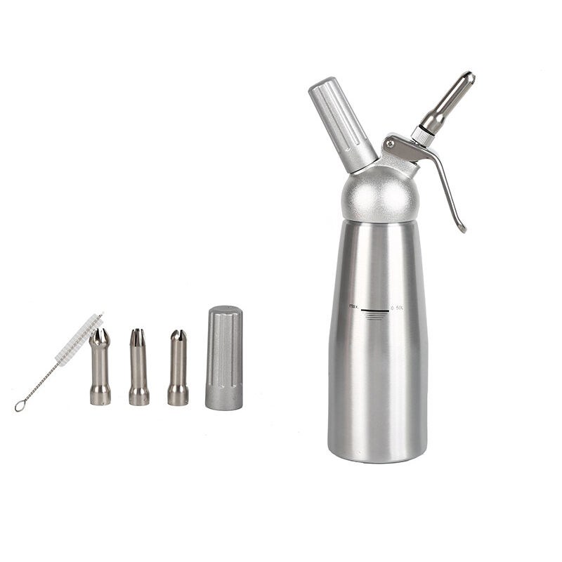 foto del prodotto erogatore di panna montata, sifone professionale per panna, sifone in acciaio inox con 3 ugelli decorativi, sifone gourmet da 1 pinta argento 