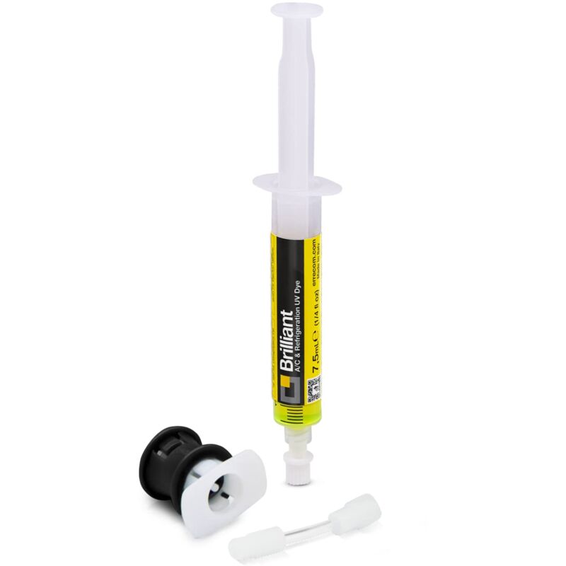 foto del prodotto errecom brilliant 7,5 ml, tracciante uv per individuare perdite di gas refrigerante negli impianti a c auto, include adattatore per valvola di