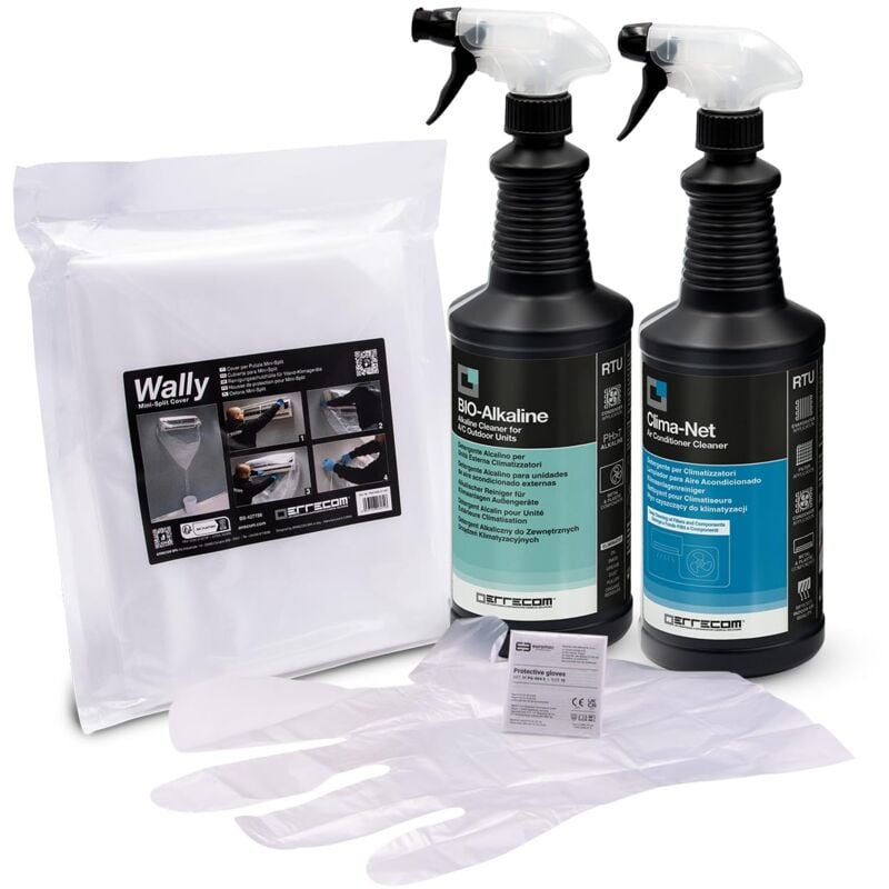 foto del prodotto errecom kit pulizia climatizzatori, include clima net 1l detergente pulizia unit interna e filtri, cover protettiva wally, bio alkaline 1l
