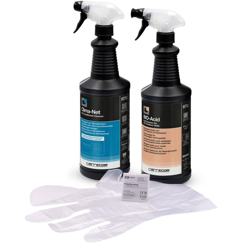 foto del prodotto errecom kit pulizia climatizzatori, include clima net 1l per pulizia unit interna e filtri, bio acid 1l detergente acido con tensioattivi