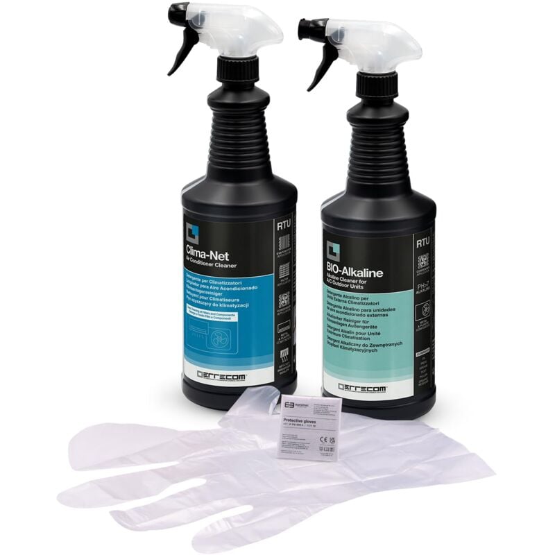 foto del prodotto errecom kit pulizia climatizzatori, include clima net 1l per pulizia unit interna e filtri, bio alkaline 1l detergente alcalino con tensioattivi