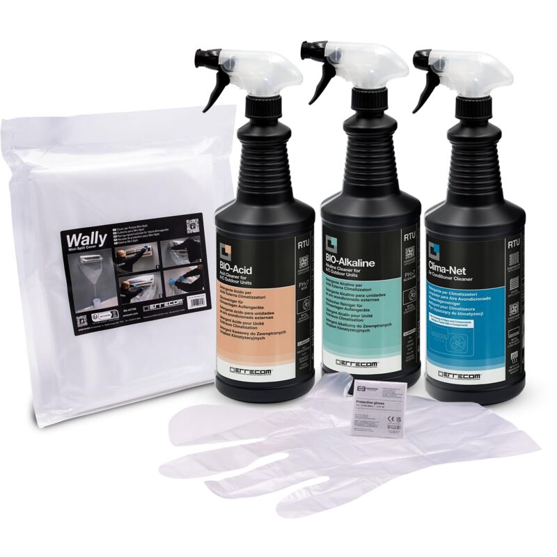 foto del prodotto errecom kit pulizia completa climatizzatori, include clima net 1l e cover wally per pulizia unit interna e filtri, bio acid e bio alkaline 2l