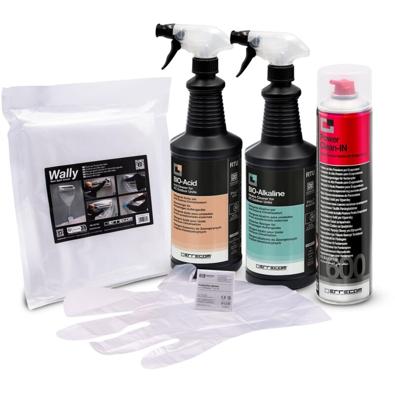 foto del prodotto errecom kit pulizia completa climatizzatori, include cover protettiva wally e aerosol 600ml pulizia unit interna, bio acid e bio alkaline 2l con