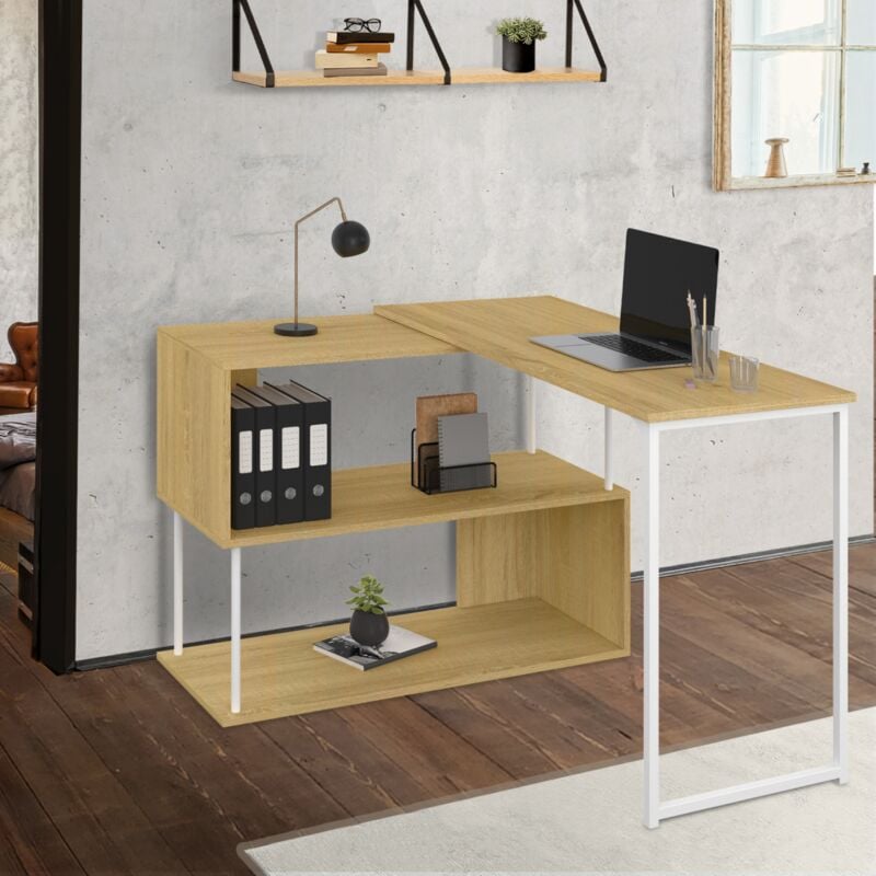 foto del prodotto escritorio esquinero giratorio 180 detroit estanter a en forma de s dise o industrial madera y metal blanco
