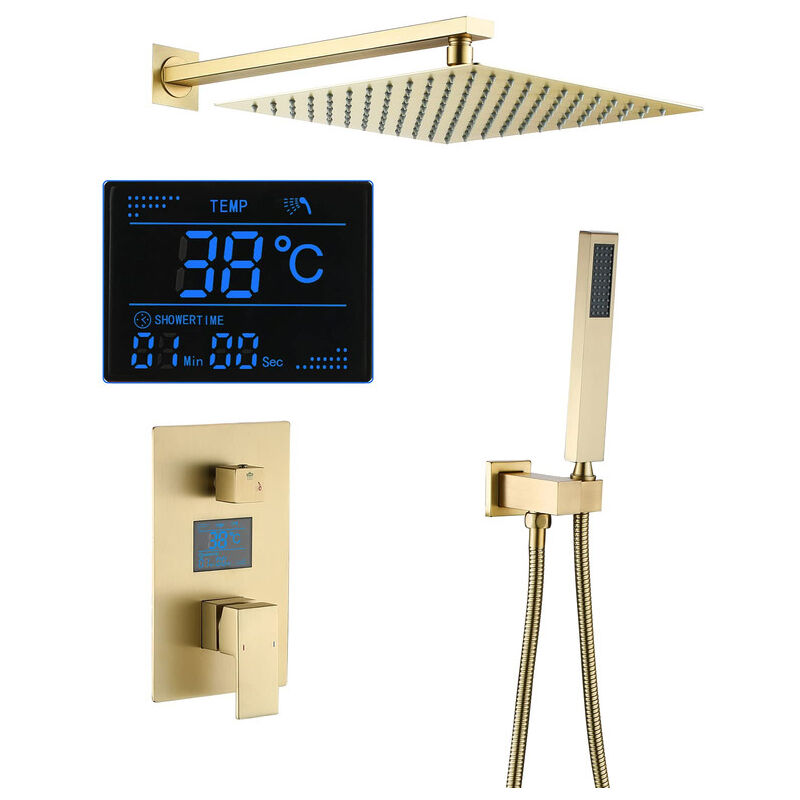 foto del prodotto esip colonna doccia con soffione e doccetta, oro spazzolato kit doccia display digitale colonna doccia montaggio a parete set doccia con 30 cm 30