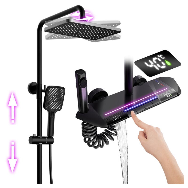 foto del prodotto esip colonna doccia nero termostatico miscelatore in ottone display digitale led set doccia con soffione doccia a pioggia, doccetta, bidet,