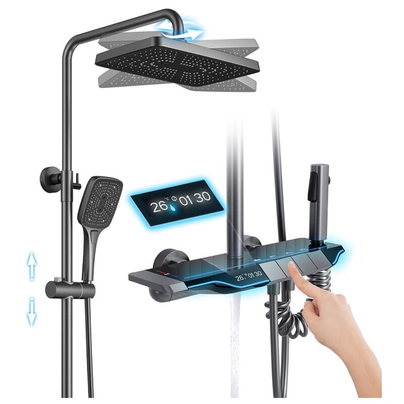 foto del prodotto esip colonna doccia termostatica grigio pistola con display temperatura sistem doccia 4 funzioni miscelatore set doccia completo altezza