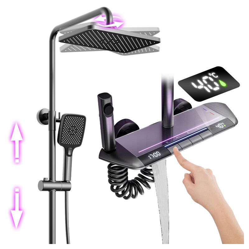 foto del prodotto esip colonna doccia termostatico miscelatore in ottone display digitale led set doccia con soffione doccia a pioggia, doccetta, bidet, rubinetto a