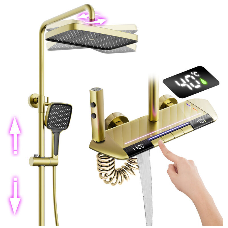 foto del prodotto esip colonna doccia termostatico miscelatore in ottone display digitale led set doccia oro con soffione doccia a pioggia, doccetta, bidet,