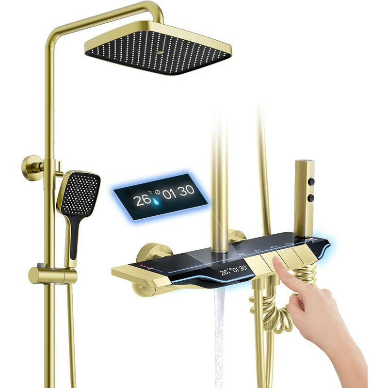 foto del prodotto esip columna ducha termost tico oro cepillado sistema de ducha con led pantalla digital, altura adjustable juego de ducha, ducha de mano, 32cm
