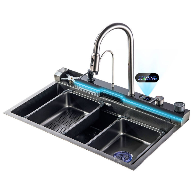foto del prodotto esip lavello da cucina, con display a led della temperatura, lavello da cucina multifunzionale in acciaio inox 304 a cascata, set completo di