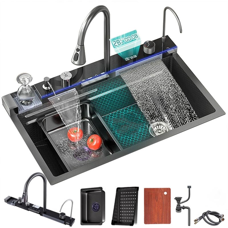 foto del prodotto esip lavello multifunzione lavello cucina, lavello in acciaio inox con display led della temperatura, con rubinetto estraibile a cascata e