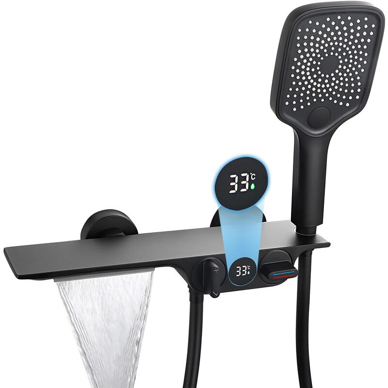 foto del prodotto esip rubinetti vasca con cascata nero, rubinetto vasca da bagno con display della temperatura, rubinetto doccia in ottone, miscelatore per vasca da