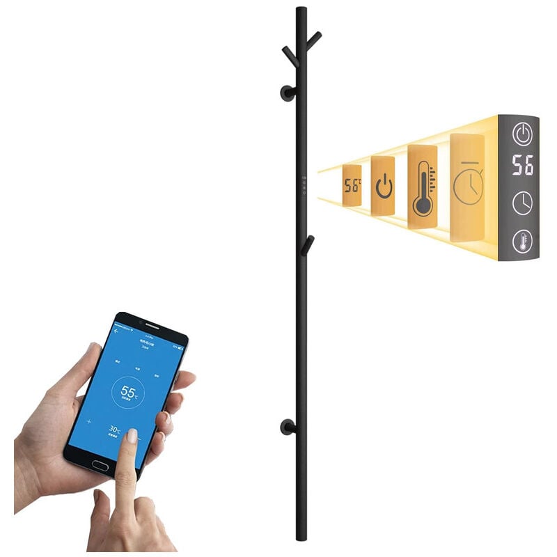 foto del prodotto esip scaldasalviette elettrico 40 w nero radiatore scaldasalviette con 3 ganci, controllo intelligente wi fi termoarredo elettrico da bagno